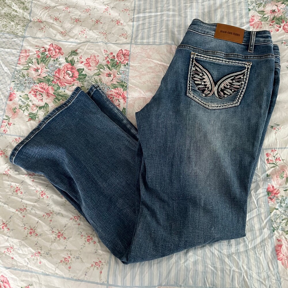 Y2K Style Western Jeans XXL Low Rise Bootcut Distressed Butterfly Embroidered